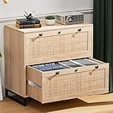 VINGLI Wood Rattan 2 Drawer Lateral File Cabinet with Lock for Home Office, Lockable Filing Cabinet with Rustic Metal Handles for Hanging Letter/A4/Legal Size Labeled Folders, Oak, 30W x 16D x 28H
