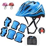 Kids Skateboard Protective Gear Boys Bike Helmet and Knee Pads Set with Elbow Pads Adjustable for 5-12 Years Kids Bicycle Roller Skates Kick Scooter Hoverboard Blue