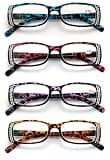V.W.E. 4 Pairs of Women Rectangular Rhinestones Reading Glasses - Fashion Leopard Clear Lens Readers Demi Tortoise (4 Assorted, 1.75)