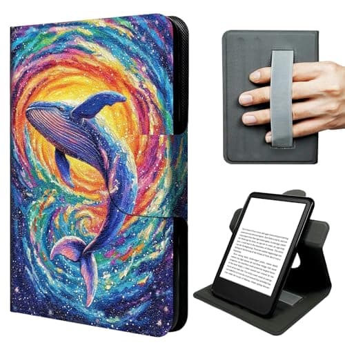 JNFBWULO Case for Kindle 11th Generation (6" Display, 2022 & 2024 Release, Basic Kindle), 360° Rotating Stand Cover with Hand Strap, Auto Sleep Wake Protective Folio - Starry Whale