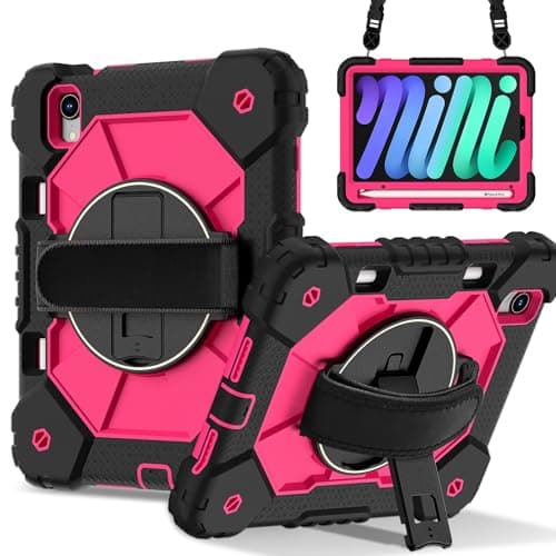 DXVTRKJM Case for iPad mini 7 (A17 Pro) 2024/iPad Mini 6th Gen 8.3'' 2021,360° Rotating Stand Hand/Shoulder Strap &Shockproof Silicone and Hard PC, (Black+Rose Red)