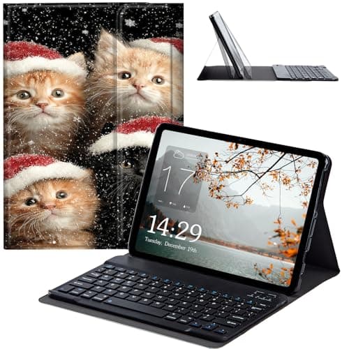 JANENFNA Tablet Case with Keyboard for Amazon Kindle Fire HD 10 / Kindle Fire HD 10 Plus (10.1" 13th/11th Generation), Slim Detachable Wireless Bluetooth Keyboard Case -Santa Hat Kittens Xmas