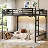 Loft Bed Full Size with Charging Station & LED Lights, Heavy Duty Metal Bed Frame with Storage Pocket, Ladder and Guardrail Reinforced Full Size Loft Bed Space-Saving for Adults Guest Room Dorm Black