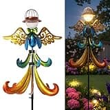 Large Outdoor Wind Spinner with Solar LED Light, Metal Angel Wind Garden Wind Turbine Stake, Weather-Resistant Decorative Solar-Powered Yard Art for Lawn, Patio & Garden