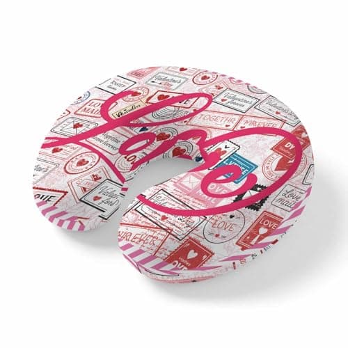 Yaiikkvbaa Pink Love Neck Pillow Memory Foam U Shaped Travel Pillow, Valentine's Day Postmark Mails Retro Neck Support Pillows Decorative Headrest Cushion for Airplane Sleeping Car Office