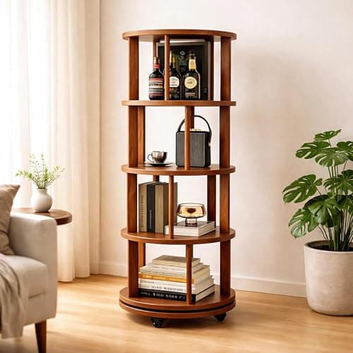 Small Bookshelf, 4-Tier Spinning Bookshelf, Rustic Solid Wood Bookcases, Freestanding and Industrial Open Bookcase for Home Office, Living Room and Bedroom, Vintage Brown