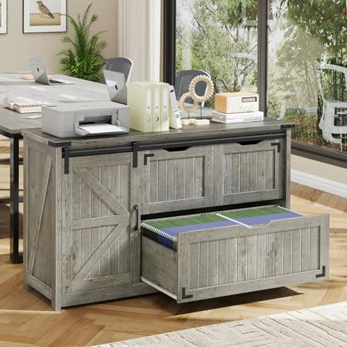 Halitaa 47.8” Farmhouse Lateral File Cabinet with Sliding Barn Door, 3 Drawers Filing Storage Cabinets with Adjustable Shelf, Office Printer Stand for Hanging Files Letter/Legal/A4/F4.Grey