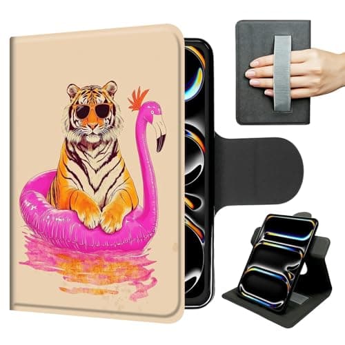 PU Leather Case for iPad Pro 12.9 Inch 6th/5th/4th Gen（2022/2021/2020 – Slim 360° Rotating Stand with Hand Strap, Auto Sleep/Wake, Magnetic Closure,Cute Tiger Wearing Sunglasses