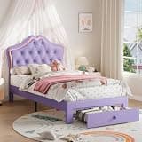 Garvee Full Size Bed Frame with LED Lights & Velvet Crystal Button Headboard, Upholstered Boy Platform Bed with Storage Drawer, Noise Free, No Box Spring Needed for Kids, Teens,