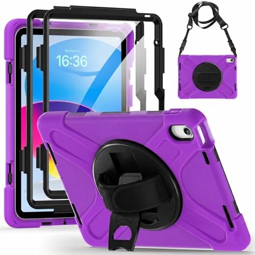 Shockproof Case for iPad A16 10th 2022 /11th 2025 Generation [2 Front Frames] Rugged Cover with 360° Rotatable One-Click Reset Stand & Velcro Hand Strap (Integrated Pencil Holder), Purple