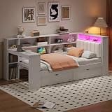 Twin Size L Shaped Daybed with Desk, Charging Station, LED, Beige+White