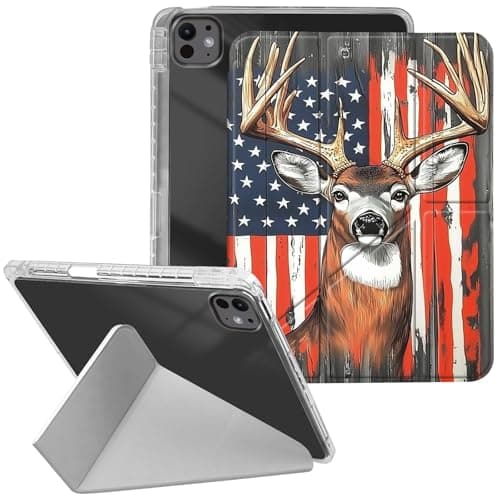 Clear Y-Fold Stand Case for iPad Pro 13 Inch 2025/2024 (M5/M4) with Pencil Holder– Slim Shockproof Transparent Back PU Leather Protective Cover with Auto Sleep/Wake,American Flag Deer