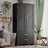 Wooden Armoire Wardrobe Closet with 2 Drawers, Bedroom Armoires with Door and Shelves, Freestanding Wardrobe Clothing Storage Cabinet with Hanging Rod for Bedroom, Laundry Room, Cloak Room(Black)