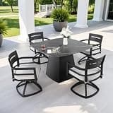 Hassyee 5-Piece Outdoor Aluminium Dining Set with 4 Swivel Rockers and 1 Square Sintered Stone Table for Poolside, Lawn, Patio Furniture Set with Washable Cushions for Garden