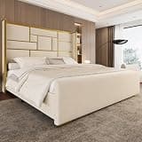 Uteeran King Bed Frame with 55.12" Tall Headboard, Modern Luxury Velvet Upholstered Platform Bed with Gold Trim, Wide Wingback Design, No Box Spring Needed, Easy Assembly, Noise-Free, Beige