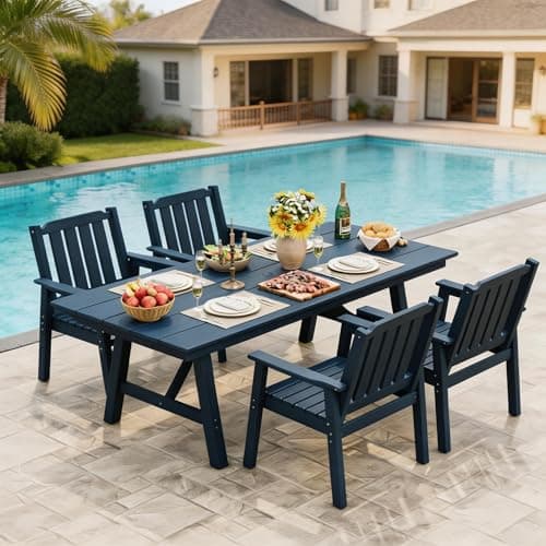 Takywep 5-Piece Outdoor Dining Set for 4 People, HDPE All Weather Patio Furniture with Large Table Umbrella Hole, Modern Armless Chairs for Backyard Garden Deck, Blue