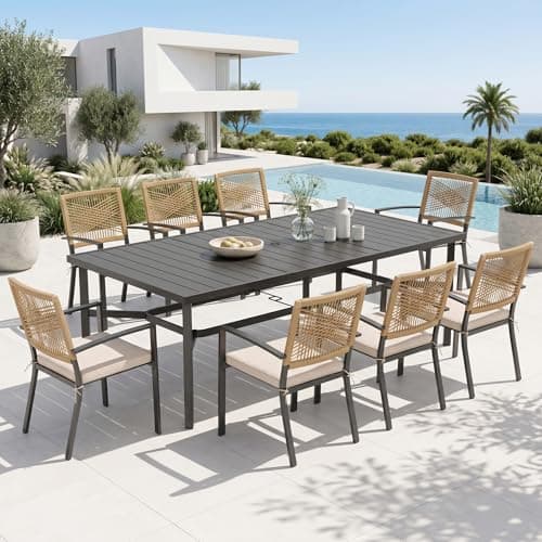 PHI VILLA 9 Pieces Patio Table and Chairs Set, Outdoor Dining Set for 8, 82" Rectangular Metal Patio Table & 8 Cushioned Rattan Chairs for Patio, Deck, Backyard, Porch