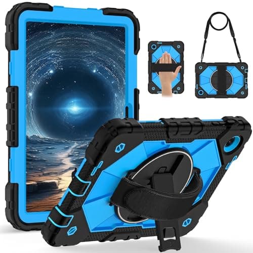 for T-Mobile Revvl Tab 2 2025 Released 10.1 inch Shockproof Heavy Duty Case Hybrid Silicone PC Cover with 360° Rotating Stand,Anti-Scratch, Adjustable Shoulder(Black-Blue)