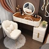 VECHOLL Luxurious Vanity Table, 32Inch Makeup Vanity Desk with Smart LED Mirror, Tempered Glass Countertop and Storage Side Cabinet, Solid Wood Vanities with Soft-Close Drawers and Metal Legs (White)
