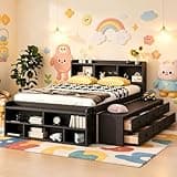 PVWIIK Full Size Platform Bed with Bookcase Headboard,Under Bed Storage Drawers and Bed End Storage Case for Bedroom, Guest Room,Multifunctional Bedframe,Espresso