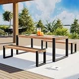 Hassyee 3-piece Outdoor Dining Table with 2 Benches and Acacia Wood Tabletop for Poolside, Lawn, Patio Furniture Set with Powder-Coated Steel Legs for Garden, Backyard (3 PCS Set 1)