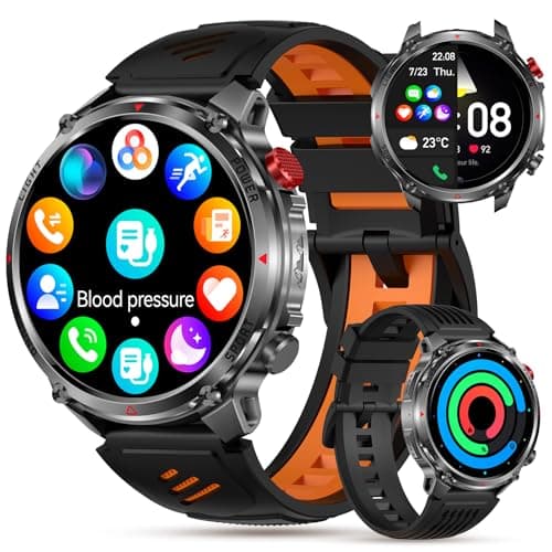 Military Smart Watch for Men with IP68 Waterproof Compass LED Flashlight,1.7“ HD Fitness Tracker/BT Call/Text Reply/100+Sports Modes/Sleep Monitor,30 Days Battery for Android iOS 2 Bands(Black-orange)
