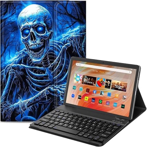 Qindaiwen Keyboard Case for Amazon Fire HD 10 Tablet (13th/11th Generation,2023/2021 Release) 10.1", PU Leather Stand Cover with Detachable Bluetooth Keyboard, Skeleton Smiling