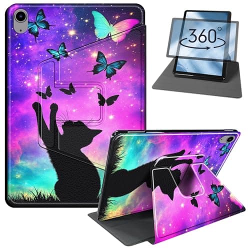 AIRWEE Premium 360 Rotating Case for iPad 11th Gen 11" (A16, 2025) / for iPad 10th Gen 10.9", Military Grade Shockproof PU Leather Stand Cover with Auto Sleep/Wake - Galaxy Cat Butterflies