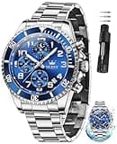 OLEVS Silver Watches for Men Blue Face Dress Stainless Steel Silver and Blue Watch Luxury Chronograph Big Face Watch with Number Man Watches Quartz Relojes para Hombres