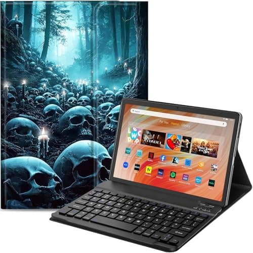 Qindaiwen Keyboard Case for Amazon Fire HD 10 Tablet (13th/11th Generation,2023/2021 Release) 10.1", PU Leather Stand Cover with Detachable Bluetooth Keyboard, Skulls Forest