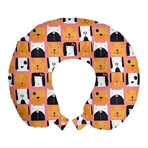 Ambesonne Dog Travel Pillow Neck Rest, Funny Puppy Heads Doodle Concept Square Form on Coral Tone Background, Memory Foam Traveling Accessory for Airplane and Car, 12", Multicolor