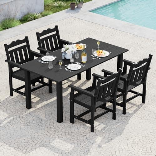 SANLUCE 5-Piece Outdoor Dining Set for 4, HIPS Rectangular Patio Table and 4 Chairs with Umbrella Hole, All-Weather Patio Dining Furniture Sets for Garden, Backyard, Lawn and Poolside, Black