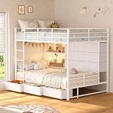 Bunk Bed Full Over Twin with 12 Drawers & Open Shelves, Heavy Duty Metal Bed Frame with Charging Station & LED Lights, Space-Saving Bed Frame with Storage, No Box Spring Needed, for Living Room, White