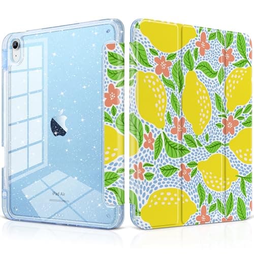 MEEgoodo Case for iPad Air 13 inch 2026(M4) / 2025(M3) / 2024(M2), Glitter Tablet Cases with Transparent Acrylic Back+Trifold Stand +Pencil Holder+Auto Wake/Sleep,Lemon Fruit Pattern