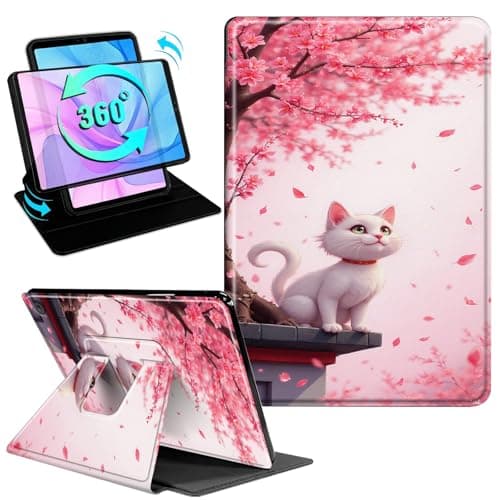 Gmeyutqy Case for Kindle Fire HD 10 & 10 Plus Tablet(13th/11th Gen, 2023/2021 Release) 10.1", 360 Degree Rotating Swivel Stand Flip Cover with Auto Sleep/Wake, Fallen Flowers Cat