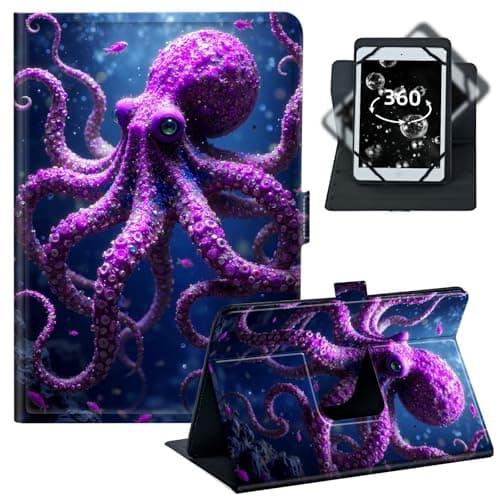 BREIDMKFM Universal Tablet Case 9-10.5 Inch,360 Rotating Stand Protective PU Leather Folio for 10/10.1 Inch Android Tablet,Fit for Fire HD 10/Samsung Tab A 10.1/iPad 9.7,﻿Purple Octopus Ocean