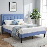 VECELO Queen Size Bed Frame, Adjustable Upholstered Button Tufted Headboard, Heavy-Duty Bedframe with Wood Slats Support, No Box Spring Needed, Light Blue