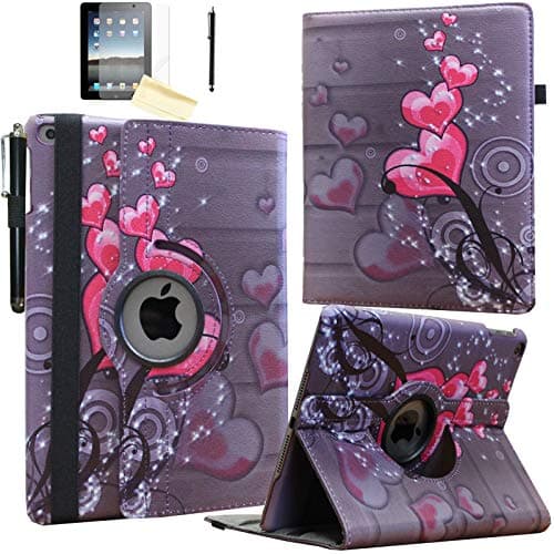 Jkytec case for iPad 6th 5th Generation 9.7 inch, for iPad Air 1/Air 2 Rotating smart Cover Stand with Wake up Sleep for A1893 A1954 A1822 A1823 A1566 A1567 A1474 A1475 (Heart Flower)