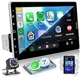 10.1 Inch Single Din Radio with CarPlay Android Auto Bluetooth 5.2 1280x720 IPS Rotatable Touchscreen Mirror Link FM/AM/RDS Radio SWC Dual USB Ports AUX TF EQ Backup Camera Support DVR