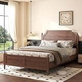 Elyveont Farmhouse Wood Full Size Bed Frame with Headboard (Brown, Full)