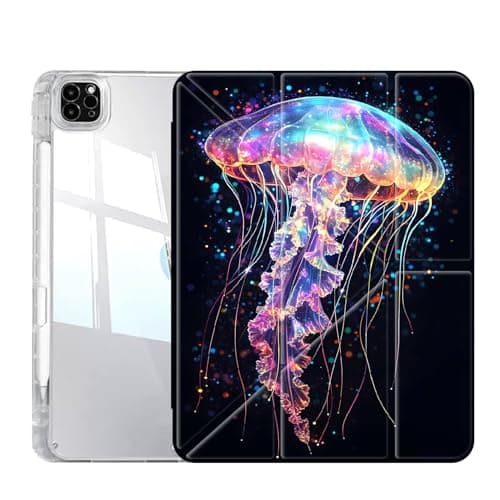 Case for iPad Pro 13 Inch (M5/M4) 2025/2024, Slim Clear Case with Pencil Holder, Multi-Angles Folding Y-Shaped Stand Cover, Colorful Jellyfish 2