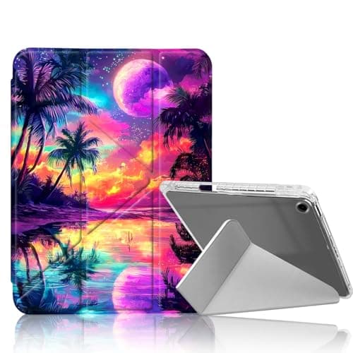 DISUOFEART for iPad 9th/ 8th/ 7th Generation Case 10.2 Inch, Moonlit Tropical Shore Slim Stylish Clear Protective Cover with Pencil Holder, Multi-Angle Folding Y-Shaped Stand & Auto Sleep/Wake