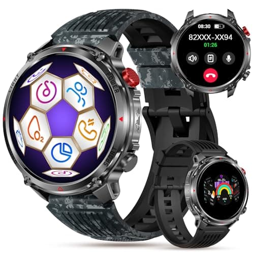 Military Smart Watch for Men with IP68 Waterproof Compass LED Flashlight, 1.7“ HD Fitness Tracker BT Call/Text Reply/100+Sports Modes/Sleep Monitor, 30 Days Battery for Android iOS (Camouflage Black)