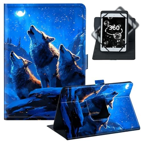 BREIDMKFM Tablet Case for Fire 7 (2022/2021/2020) - Universal 6-7 Inch 360° Rotating Stand with 4 Corner Elastic Bands,Fit for Kindle Fire 7/iPad mini 5/Lenovo Tab M7,﻿Blue Wolf Moon