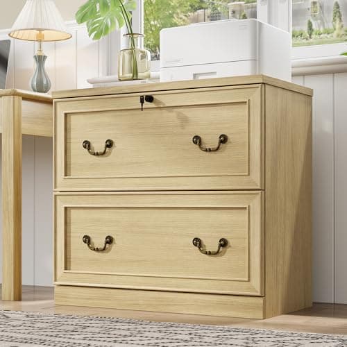 BONITURE 2-Drawer Wood File Cabinet with Lock, Lateral Filing Cabinet for Printer Stand, Home Office File Storage Cabinets for Letter/Legal/A4 Size File Folders, Natural