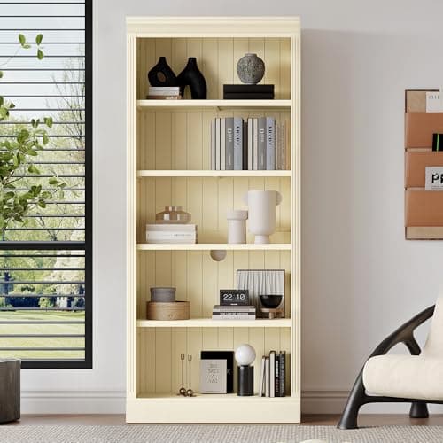 YINFITIN 83" 5-Tier Book Cabinet, Display Case with LED Light Strip, Book Shelf with Adjustable Shelves for Home Office, Beige+Cream,Beige+Yellow