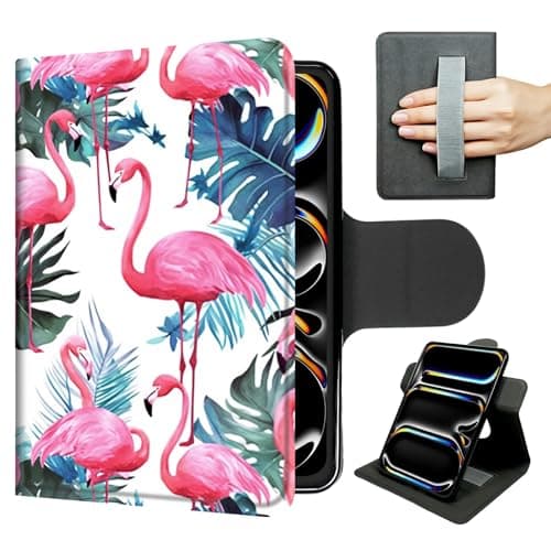 PU Leather Case for iPad Pro 13 Inch M6/M5/M4（2026/2025/2024） – Slim 360° Rotating Stand with Hand Strap, Auto Sleep/Wake, Magnetic Closure,Tropical Flamingo