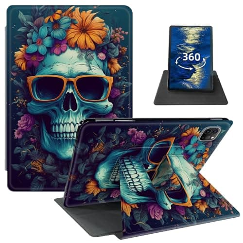 GFRGTFHYT for iPad Pro 13 Inch Case M4(2024) with 360 Degree Rotating Swivel Slim PU Leather Shockproof Protective Adjustable Stand Smart Cover with Auto Wake/Sleep for iPad Pro 13, Flower Skull