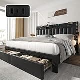 CypBed Queen Bed Frame with Headboard, Upholstered Platform Bed Frame Queen Size with 4 Storage Drawers, 3 USB & Type-C Charging Ports, Solid Wood Slats, No Box Spring Needed, No-Noise, Black,Gifts