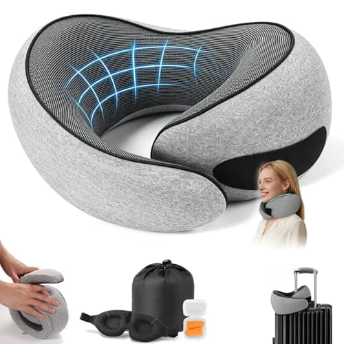 Sadaug G-Shape Memory Foam Travel Pillow Super Comfort Neck Pillow Airplane 360°Support | Complete Sleep Kit: Eye Mask, Ear Plugs & Carry Bag | Lightweight Airplane Pillow for Home, Car & Travel(Gray)